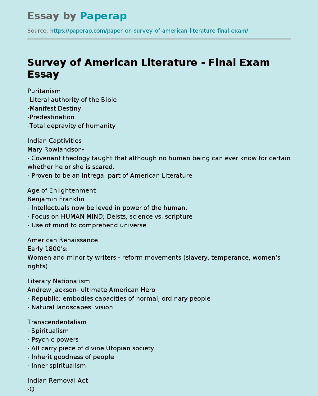 Survey of American Literature - Final Exam
