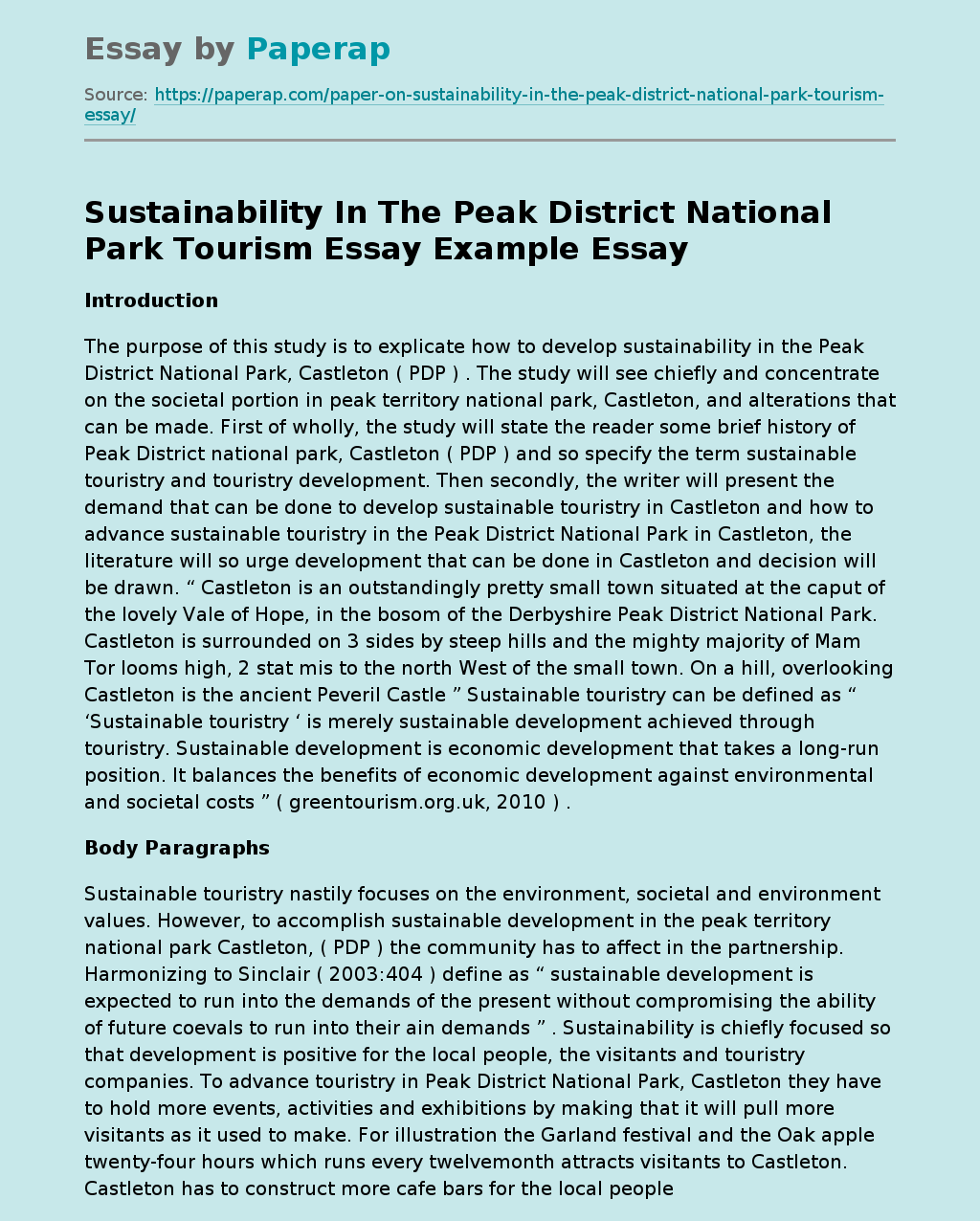 Sustainability In The Peak District National Park Tourism Essay Example