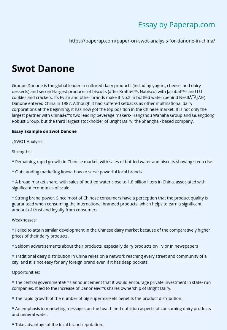 SWOT Analysis for Danone in China