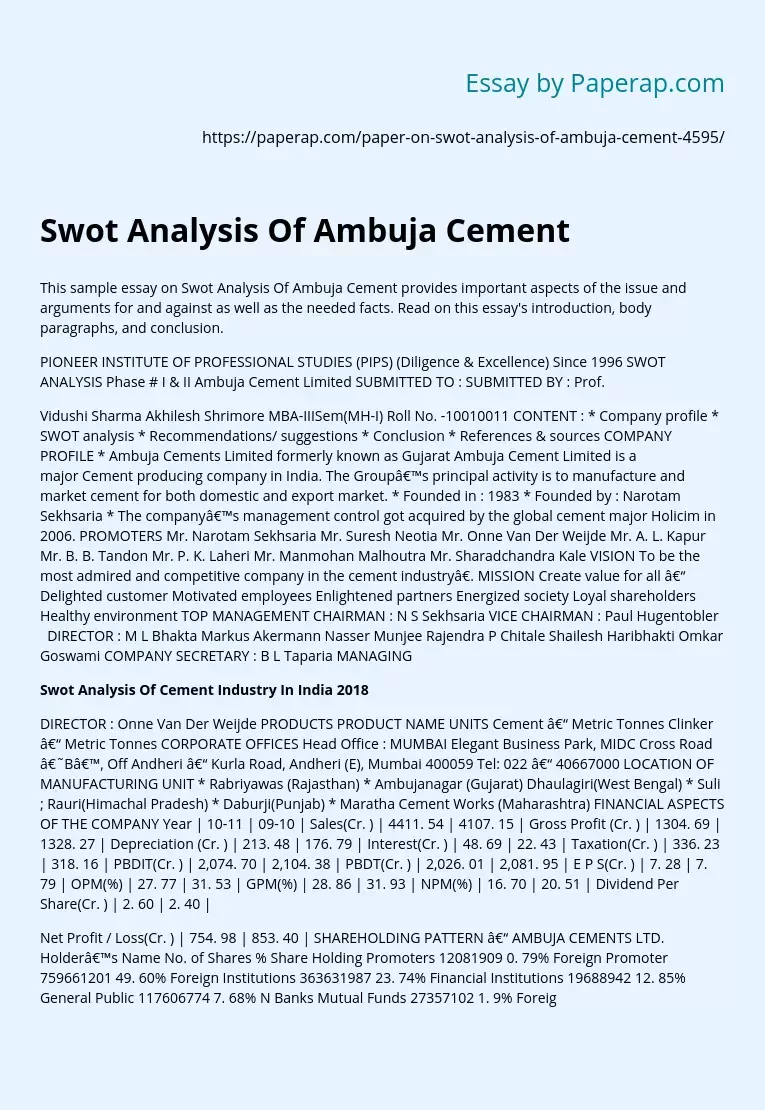 Swot Analysis Of Ambuja Cement