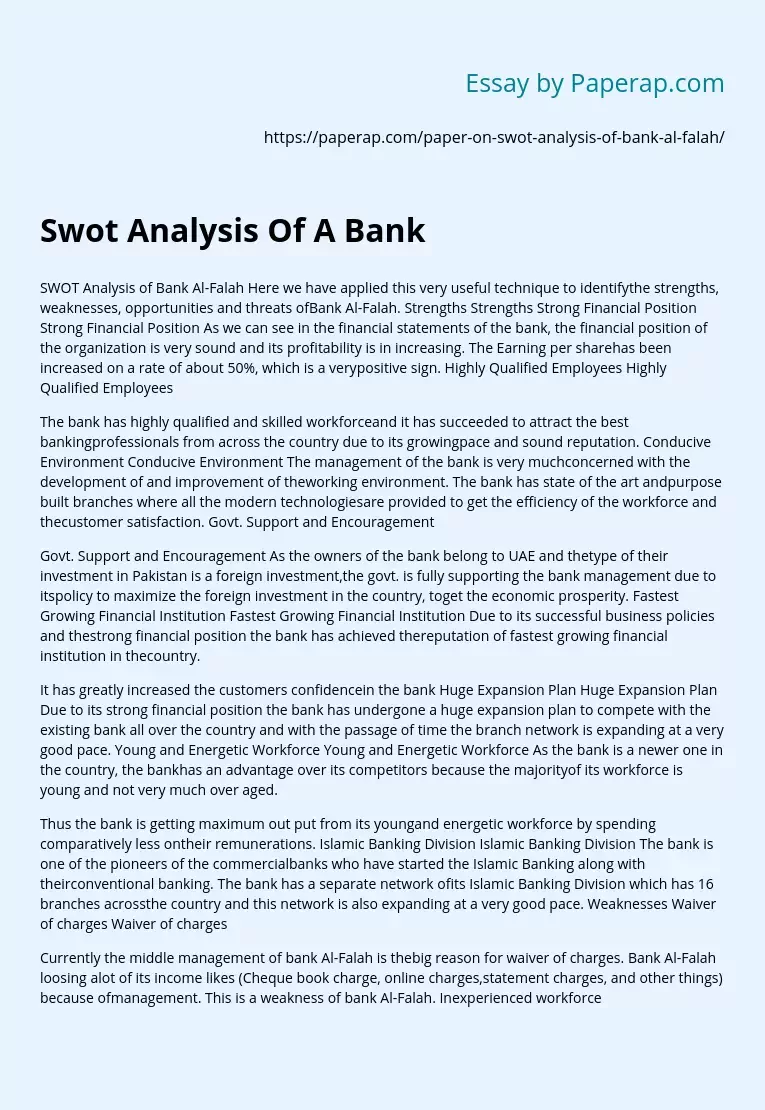 Swot Analysis Of A Bank