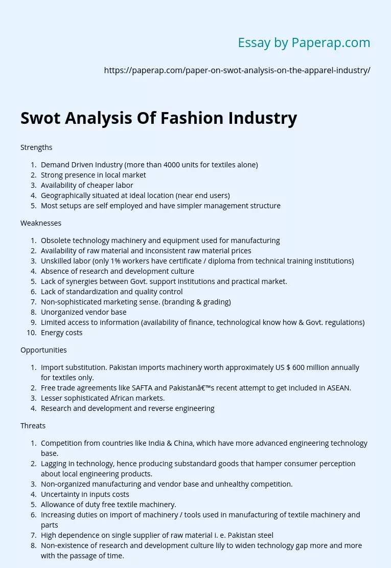 Swot Analysis Of Fashion Industry
