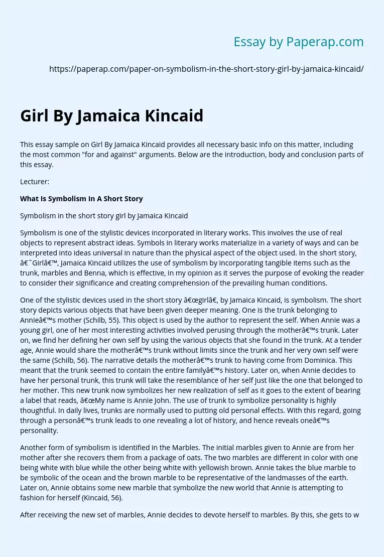 Symbolism in the "Short Story Girl" by Jamaica Kincaid