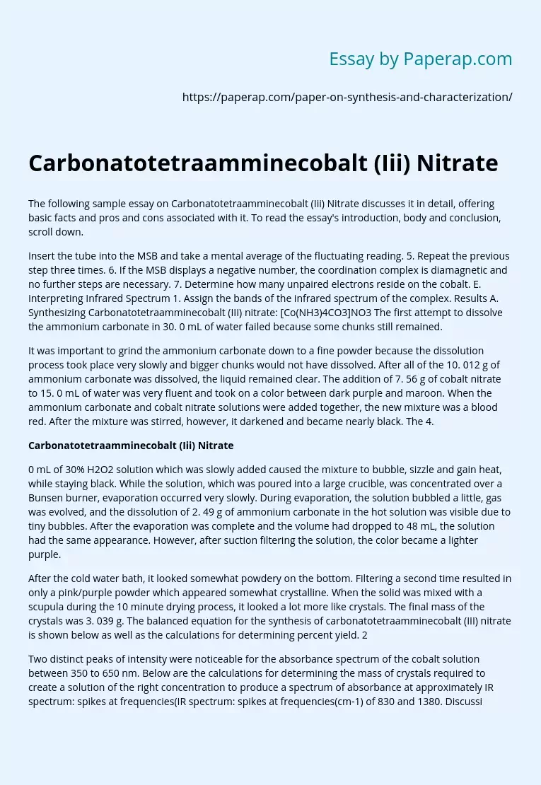 Carbonatotetraamminecobalt (Iii) Nitrate