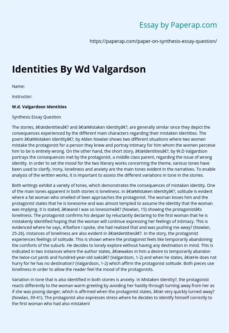 Identities By Wd Valgardson
