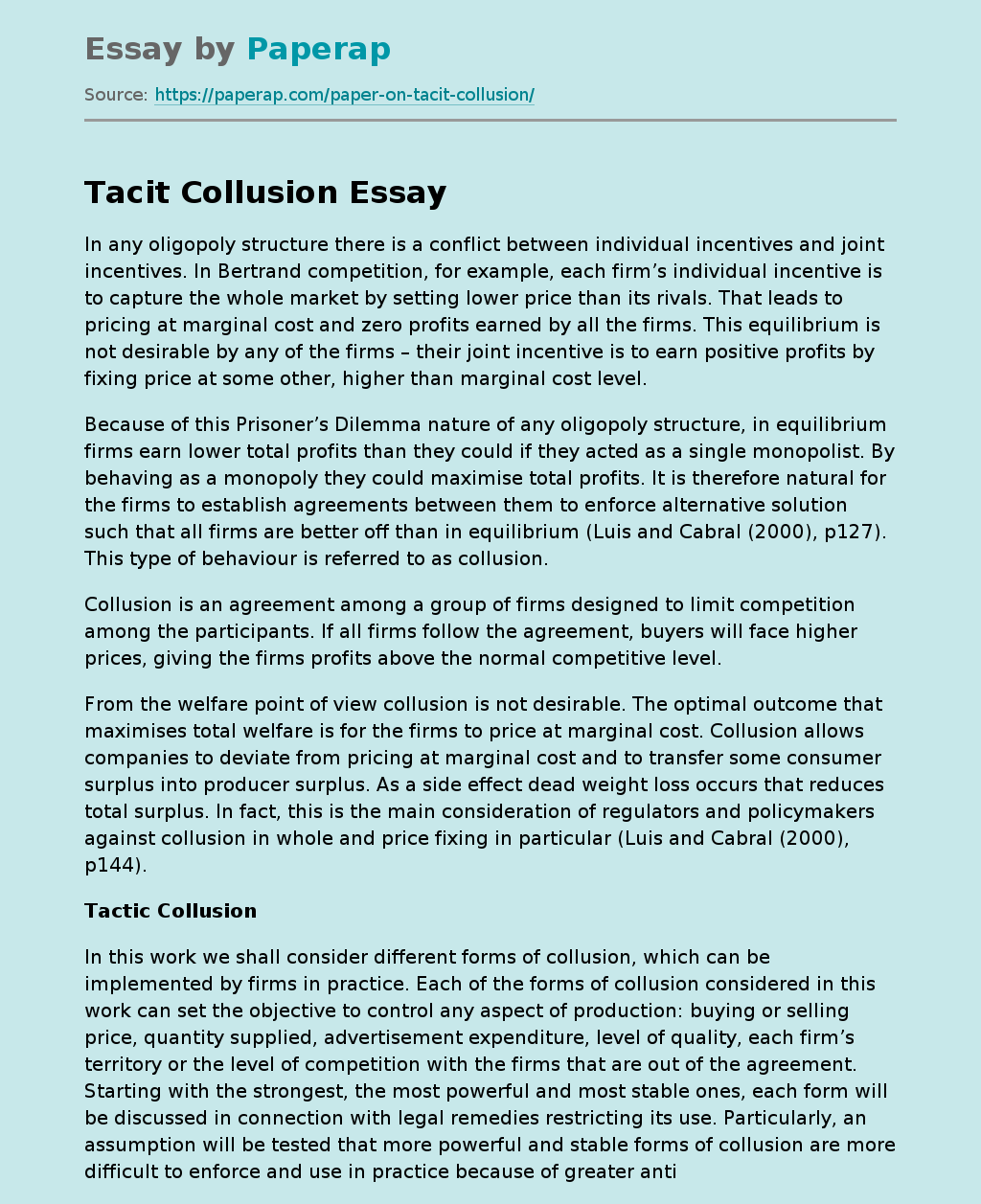 Tacit Collusion Forms of collusion
