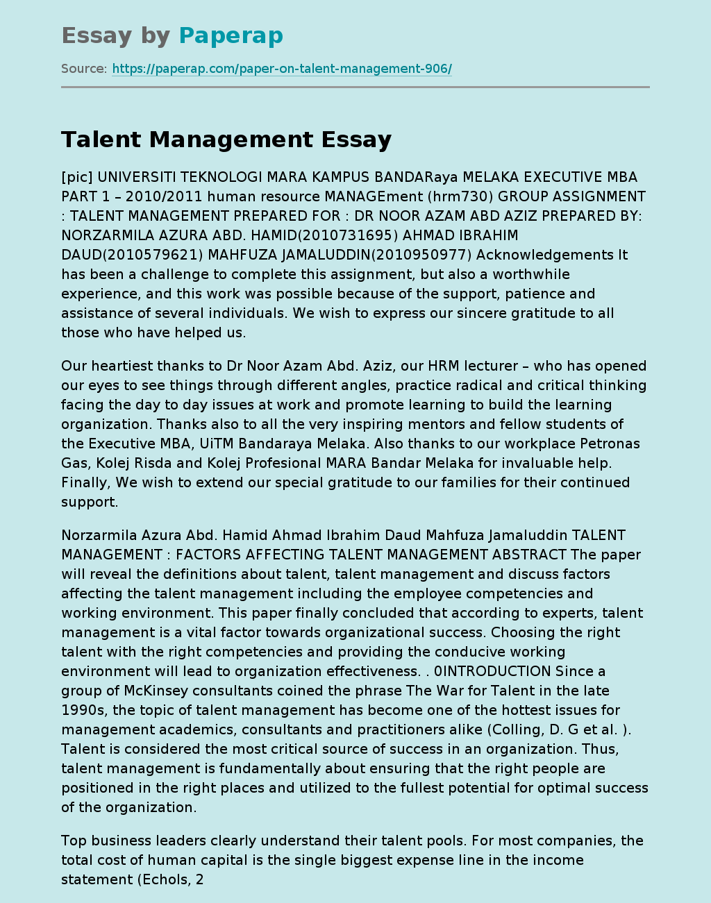 Talent Management : Factors Affecting Talent Management