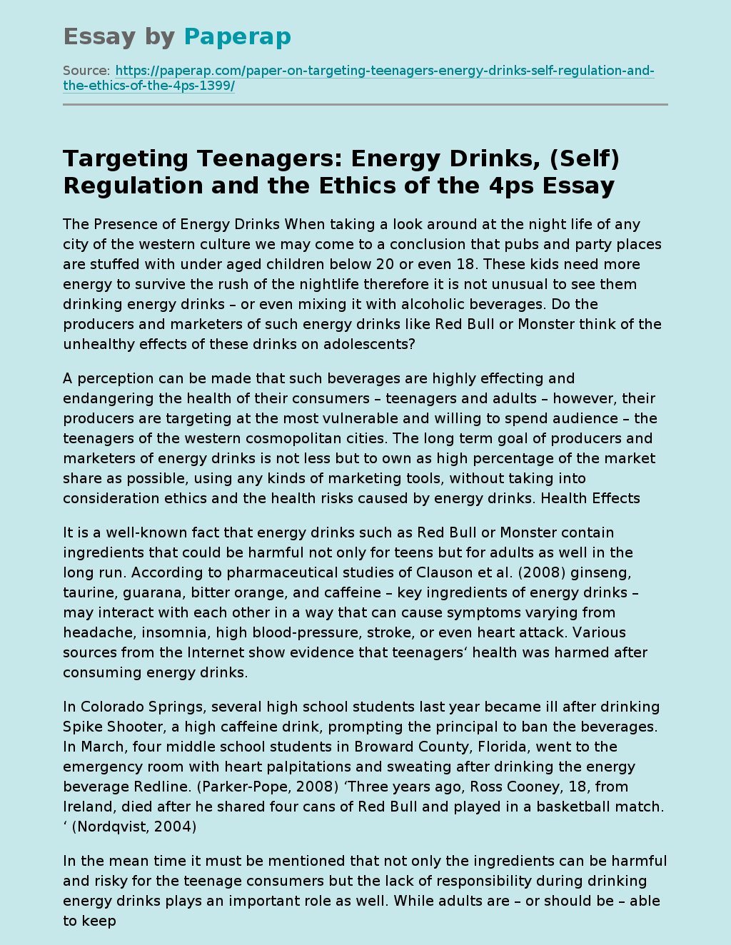 Targeting Teenagers: Energy Drinks, (Self) Regulation and the Ethics of the 4ps