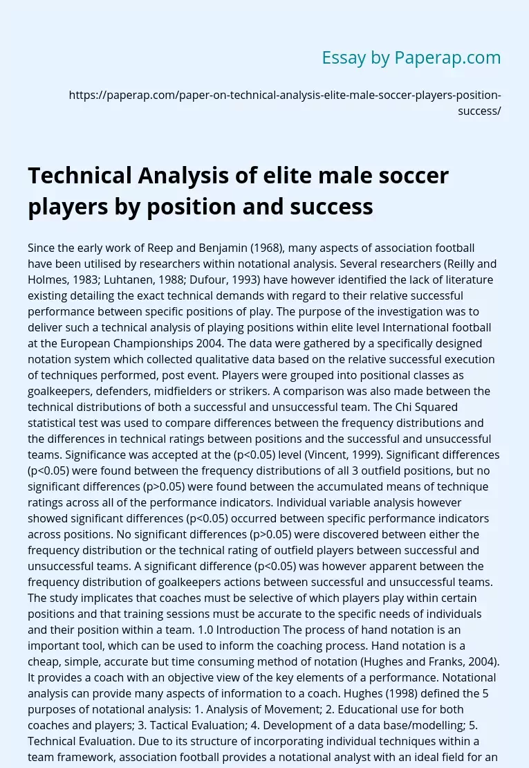 Technical Analysis of elite male soccer players by position and success