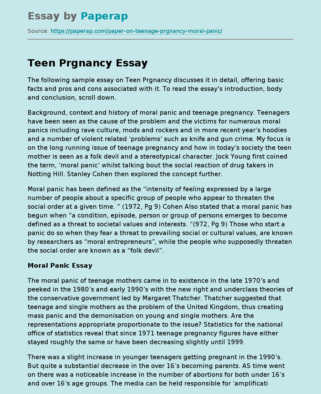 Moral Panic Over Teenage Pregnancy