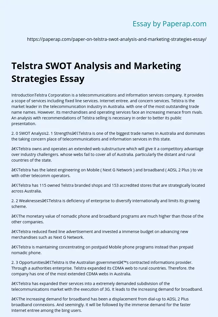 Telstra SWOT Analysis and Marketing Strategies Essay