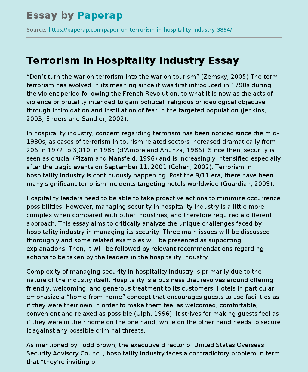 Terrorism in Hospitality Industry