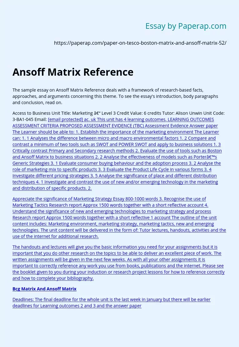 Ansoff Matrix Reference