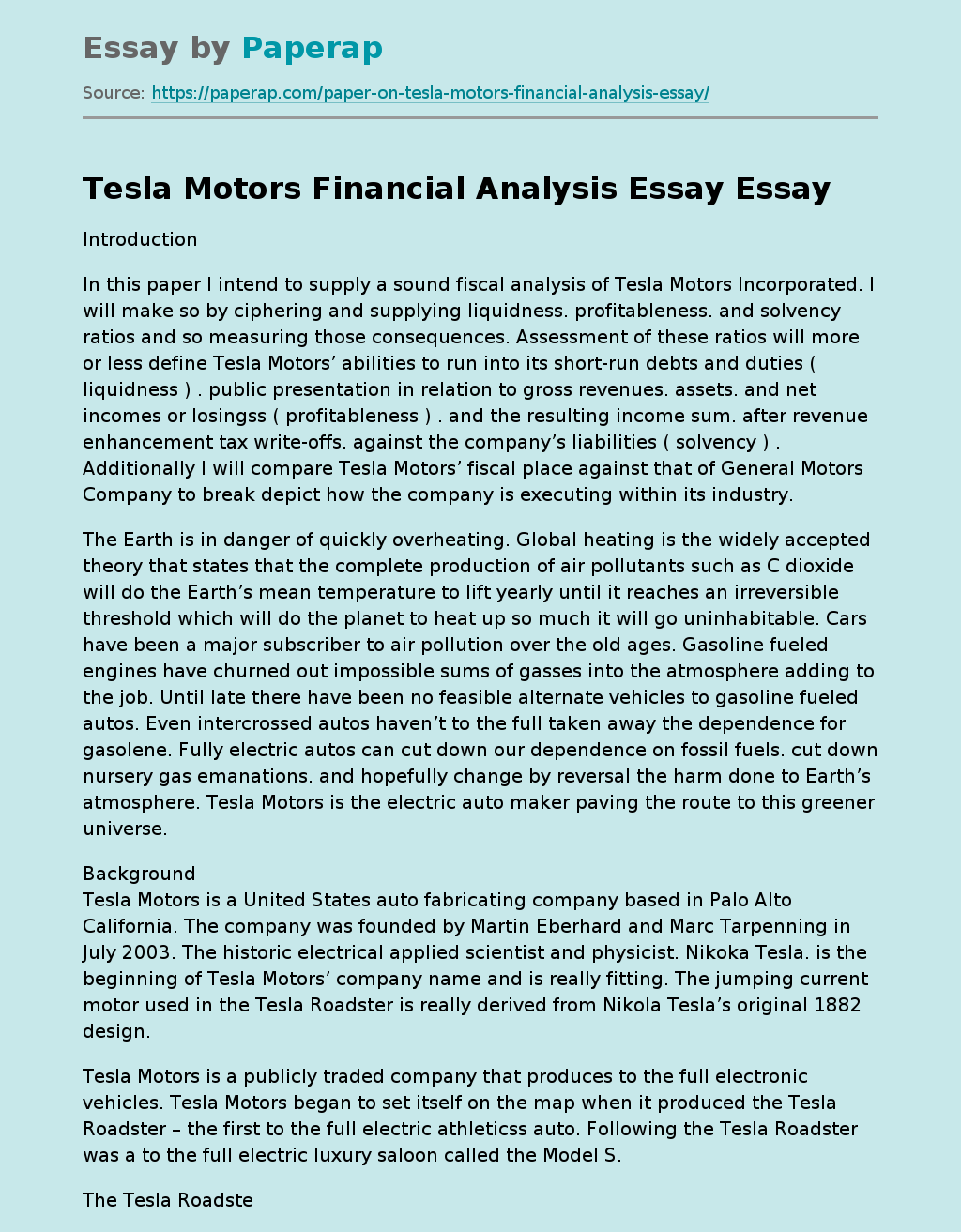 Tesla Motors Financial Analysis Essay