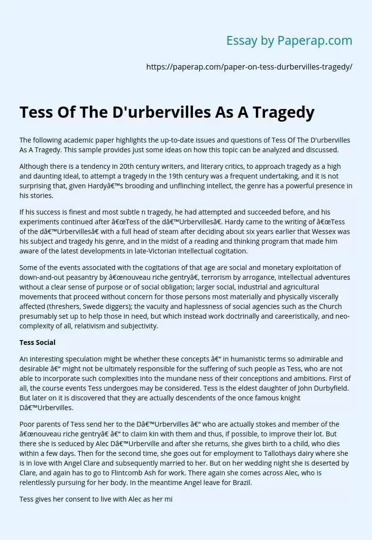 "Tess Of The D'urbervilles" As A Tragedy