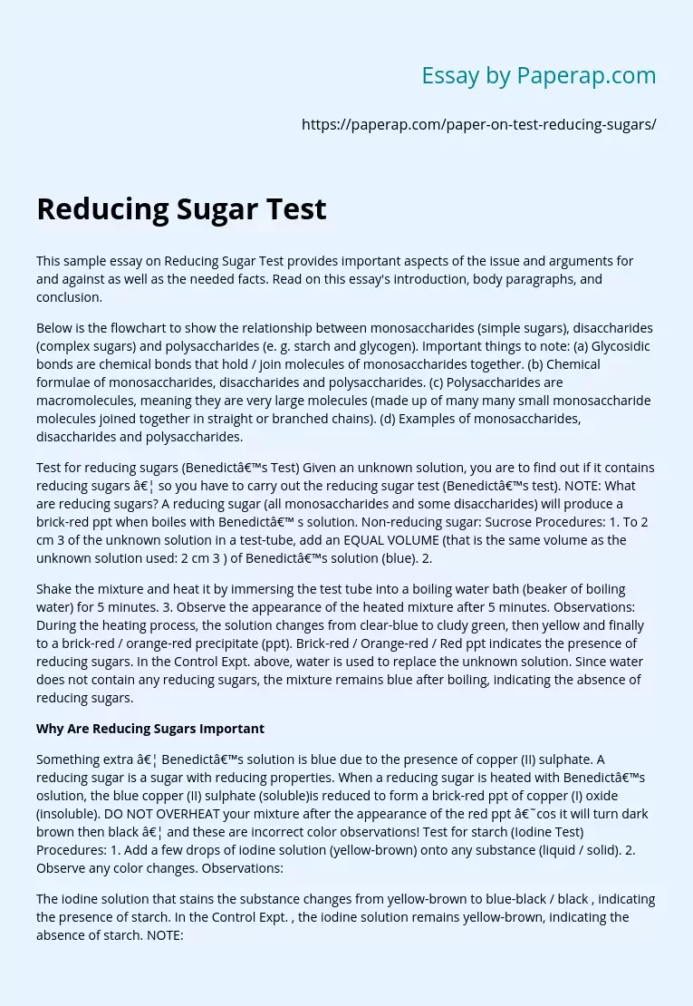 Reducing Sugar Test Free Essay Example