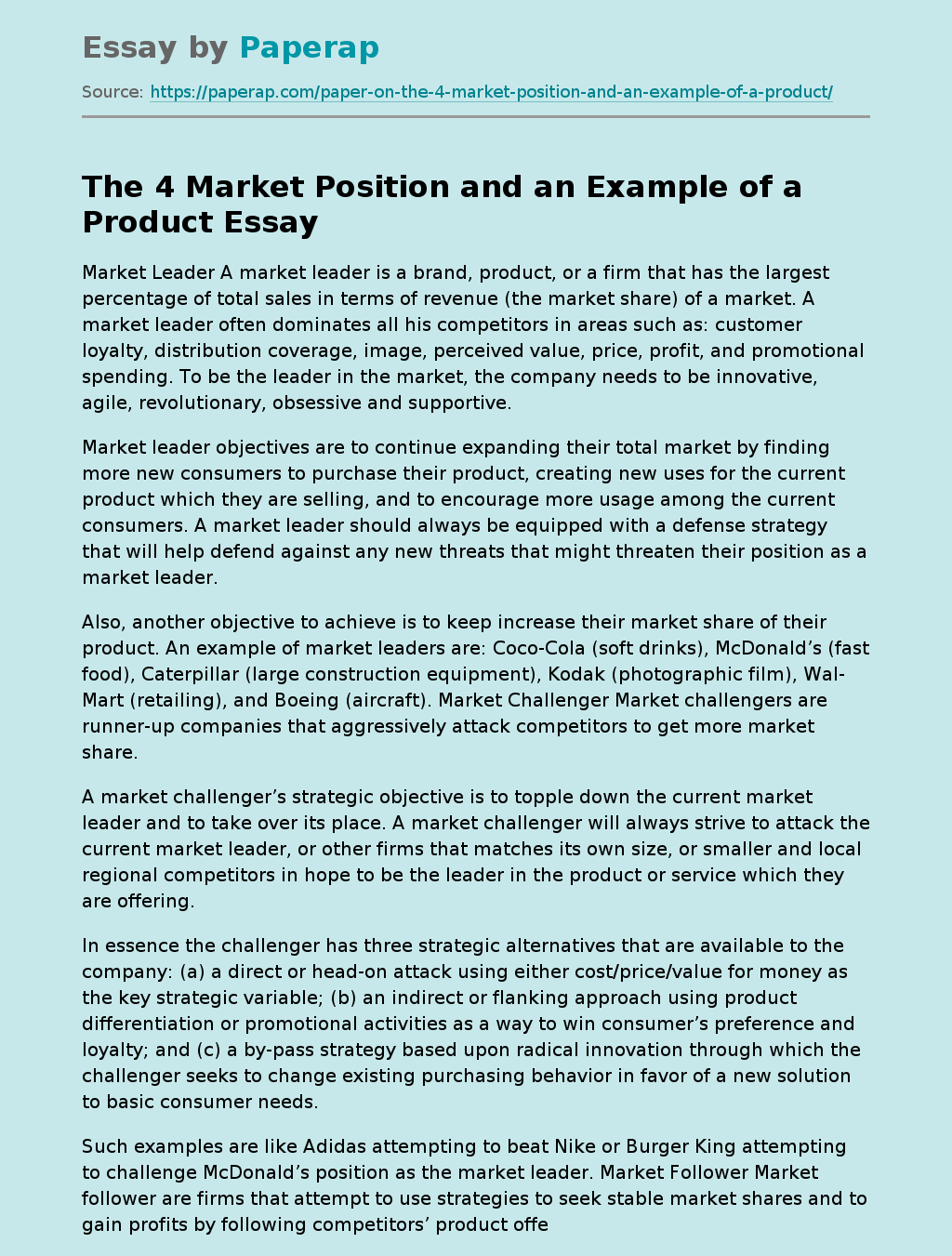 The 4 Market Position and an Example of a Product