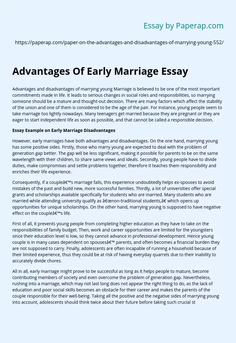 Advantages Of Early Marriage Essay