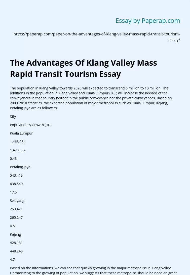 The Advantages Of Klang Valley Mass Rapid Transit Tourism Essay