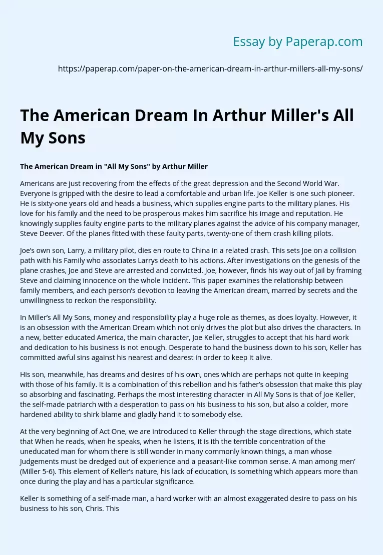 The American Dream In Arthur Miller's All My Sons