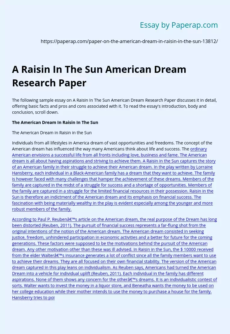 A Raisin In The Sun American Dream Research Paper