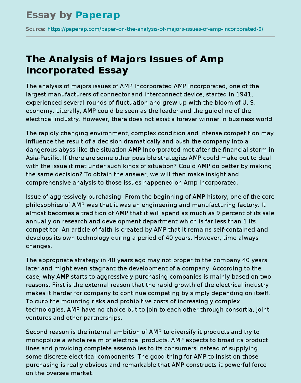 The Analysis of Majors Issues of Amp Incorporated