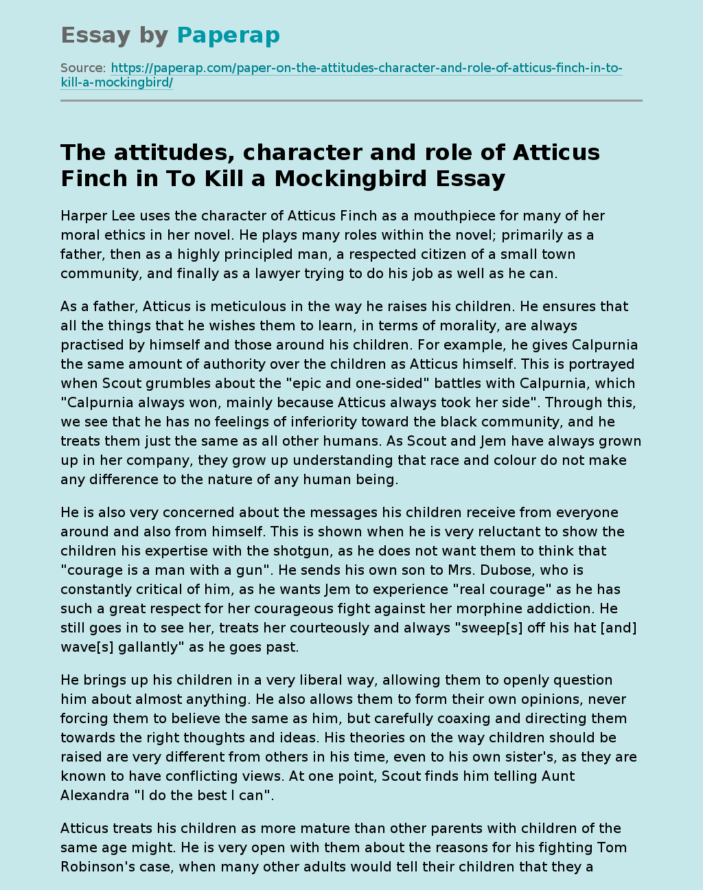 The attitudes, character and role of Atticus Finch in To Kill a Mockingbird