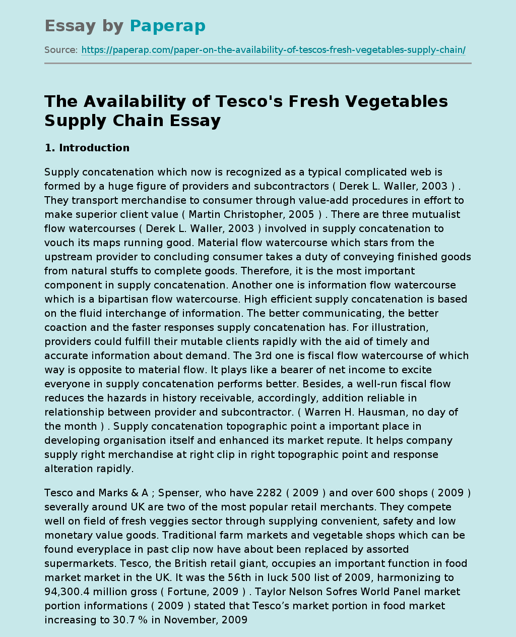 The Availability of Tesco's Fresh Vegetables Supply Chain
