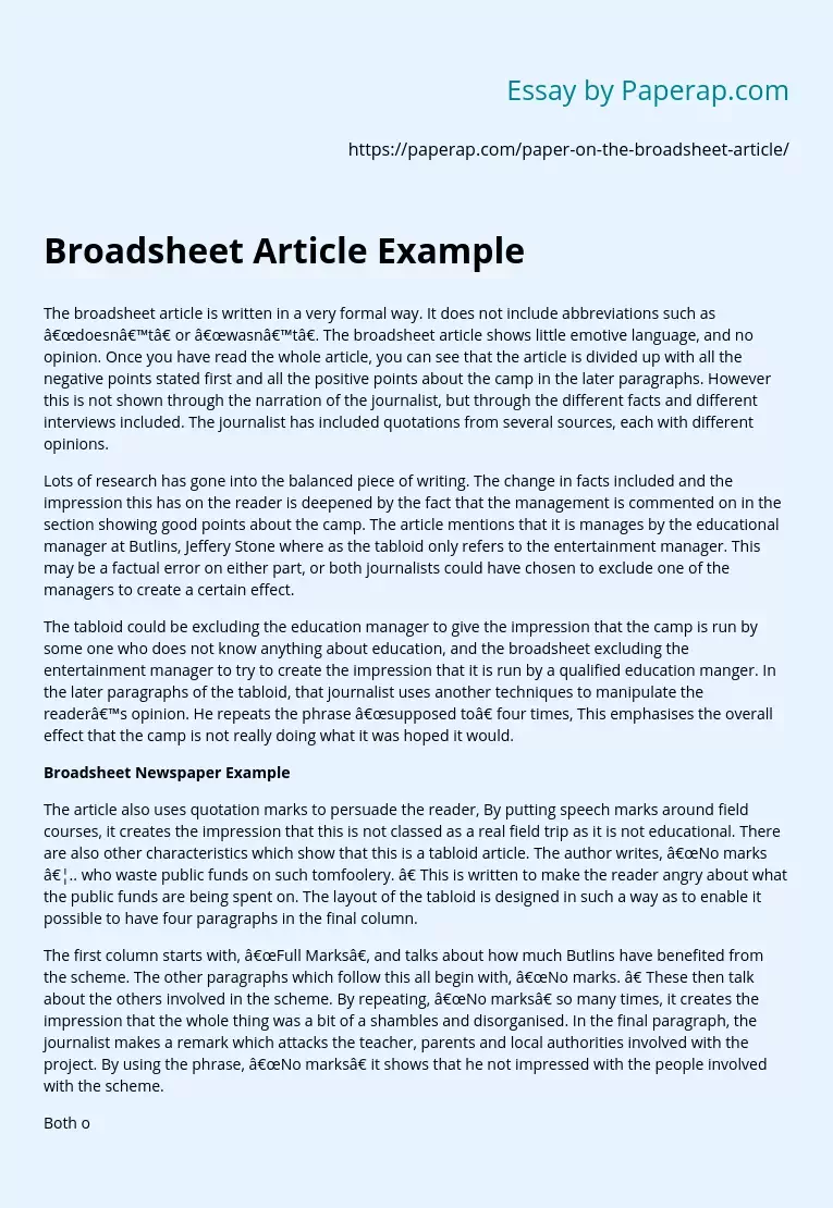 Broadsheet Article Example