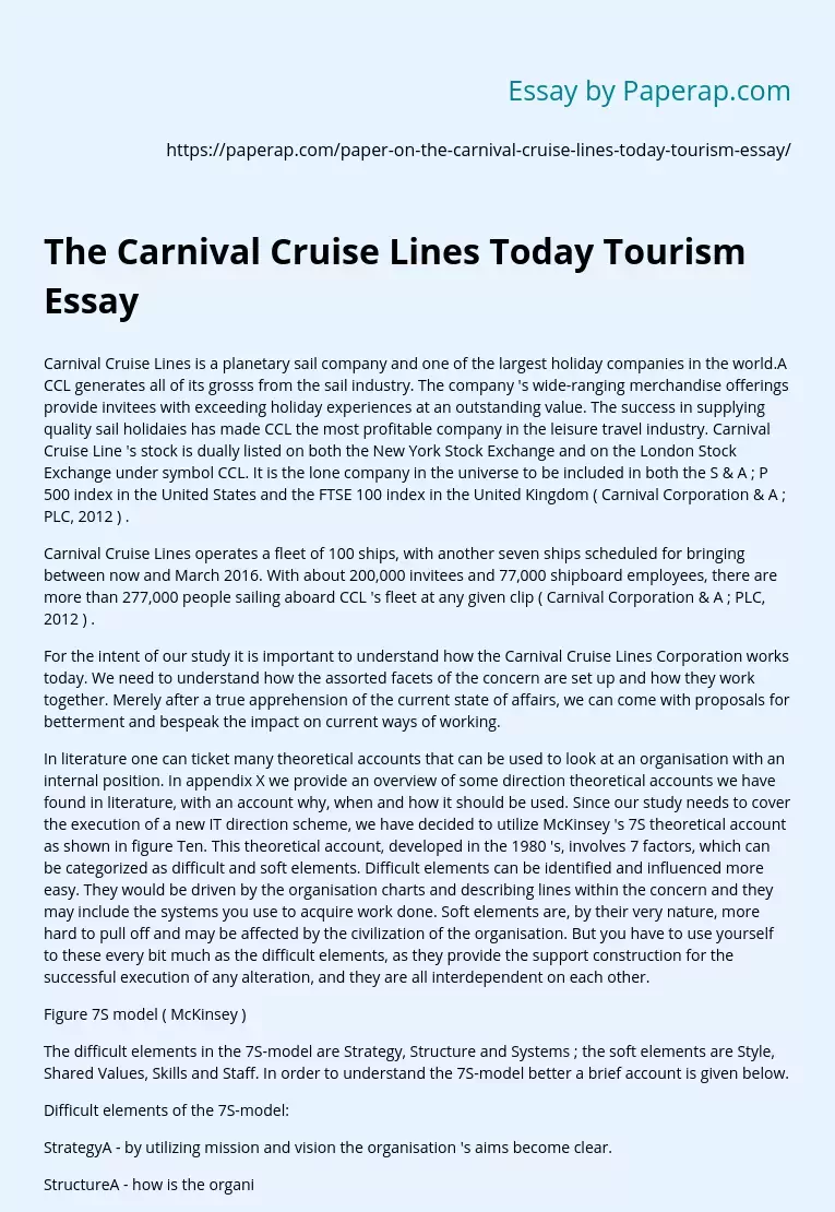 The Carnival Cruise Lines Today Tourism Essay