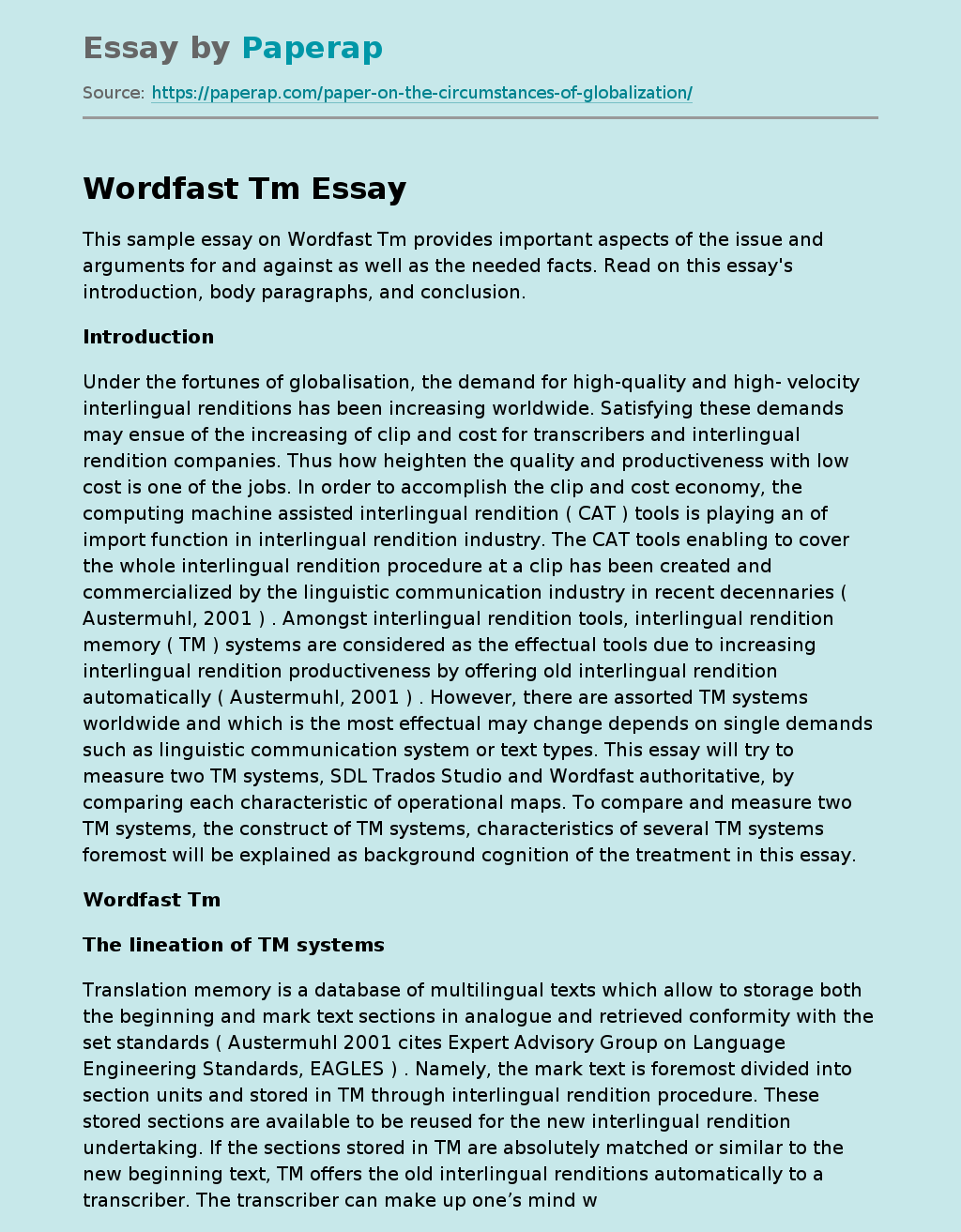 This Sample Essay on Wordfast TM