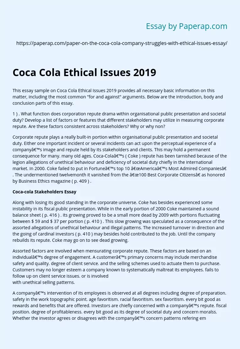 Coca Cola Ethical Issues 2019