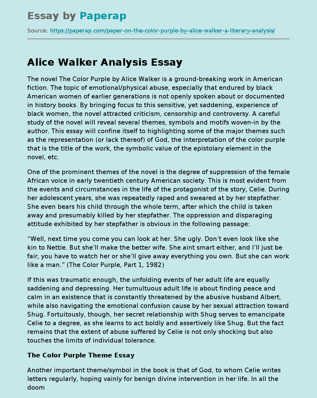 Alice Walker’s Novel the Color Purple
