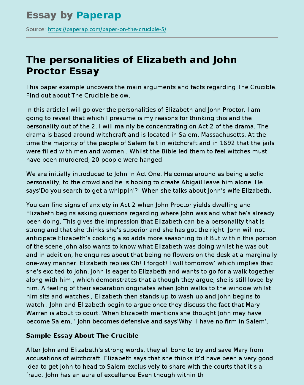 The personalities of Elizabeth and John Proctor: Salem Witch Trials