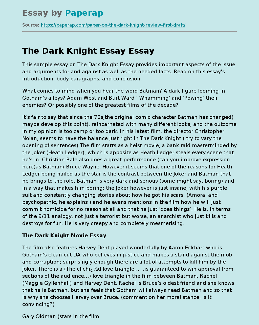 The Plot and Idea of the Dark Knight