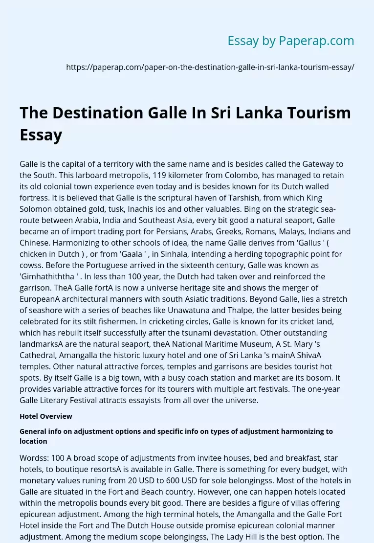 The Destination Galle In Sri Lanka Tourism Essay