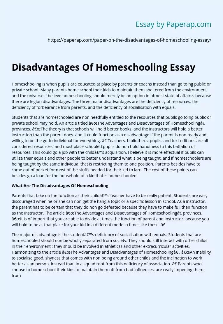 Disadvantages Of Homeschooling Essay