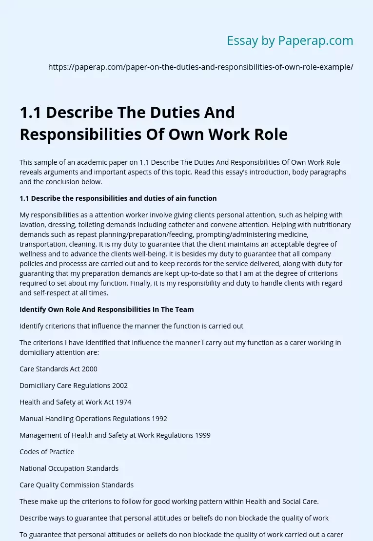 1.1 Describe The Duties And Responsibilities Of Own Work Role