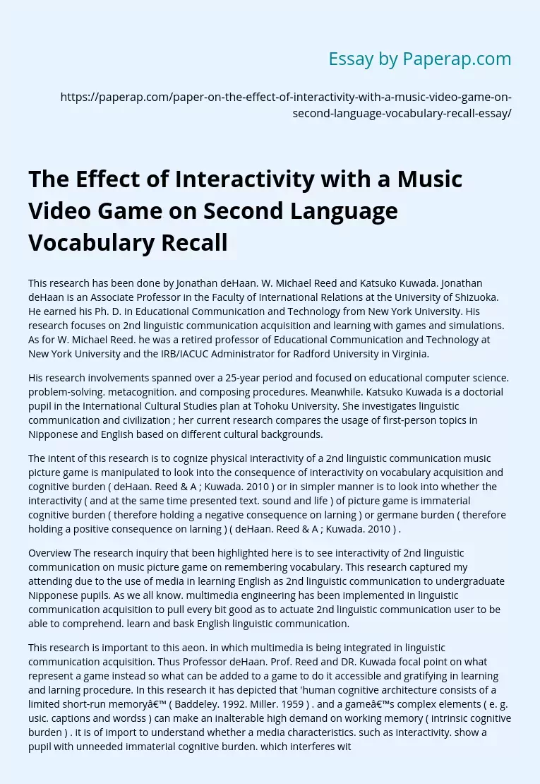 The Effect of Interactivity with a Music Video Game on Second Language Vocabulary Recall