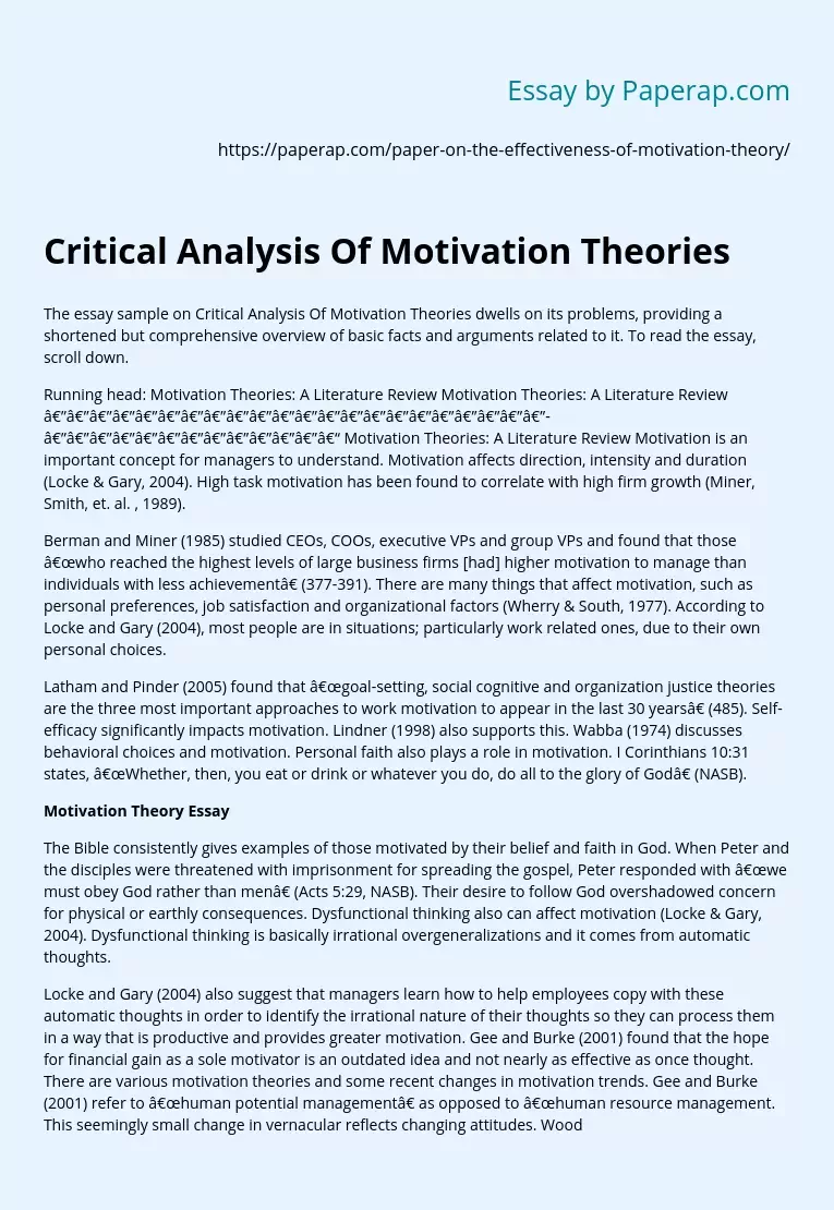 Critical Analysis Of Motivation Theories