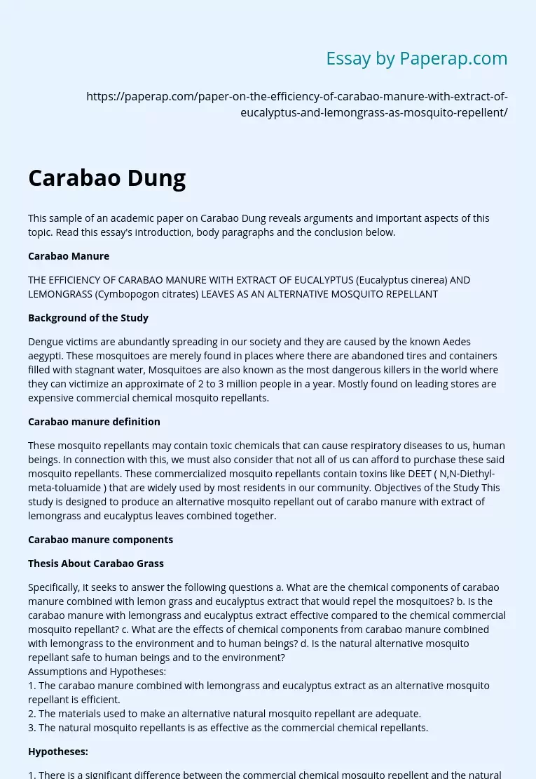 Carabao Dung as Mosquito Repellent: Important Aspects