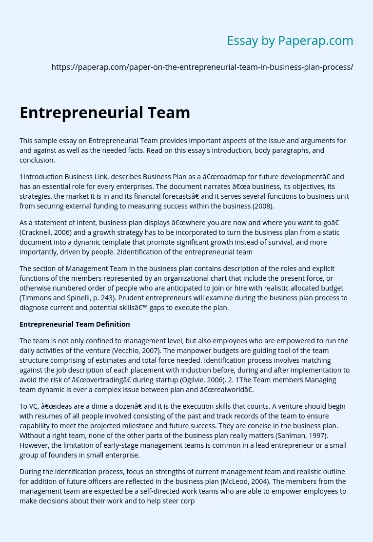 Entrepreneurial Team in Business Plan