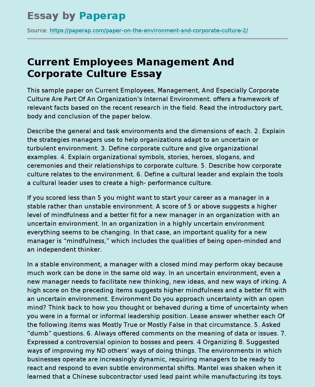 Current Employees Management And Corporate Culture
