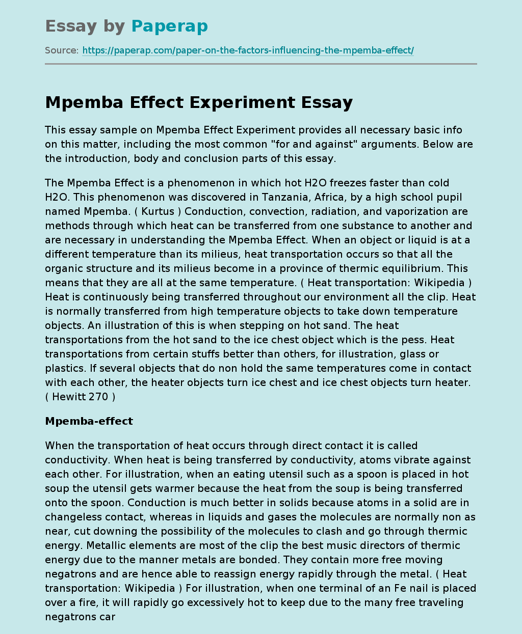 Essay Sample on Mpemba Effect Experiment