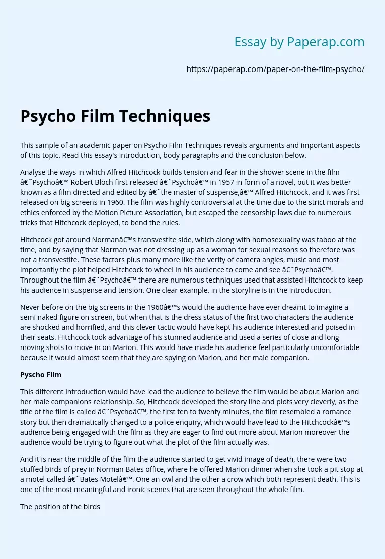 Psychofilm Methods and Their Use by Hitchcock