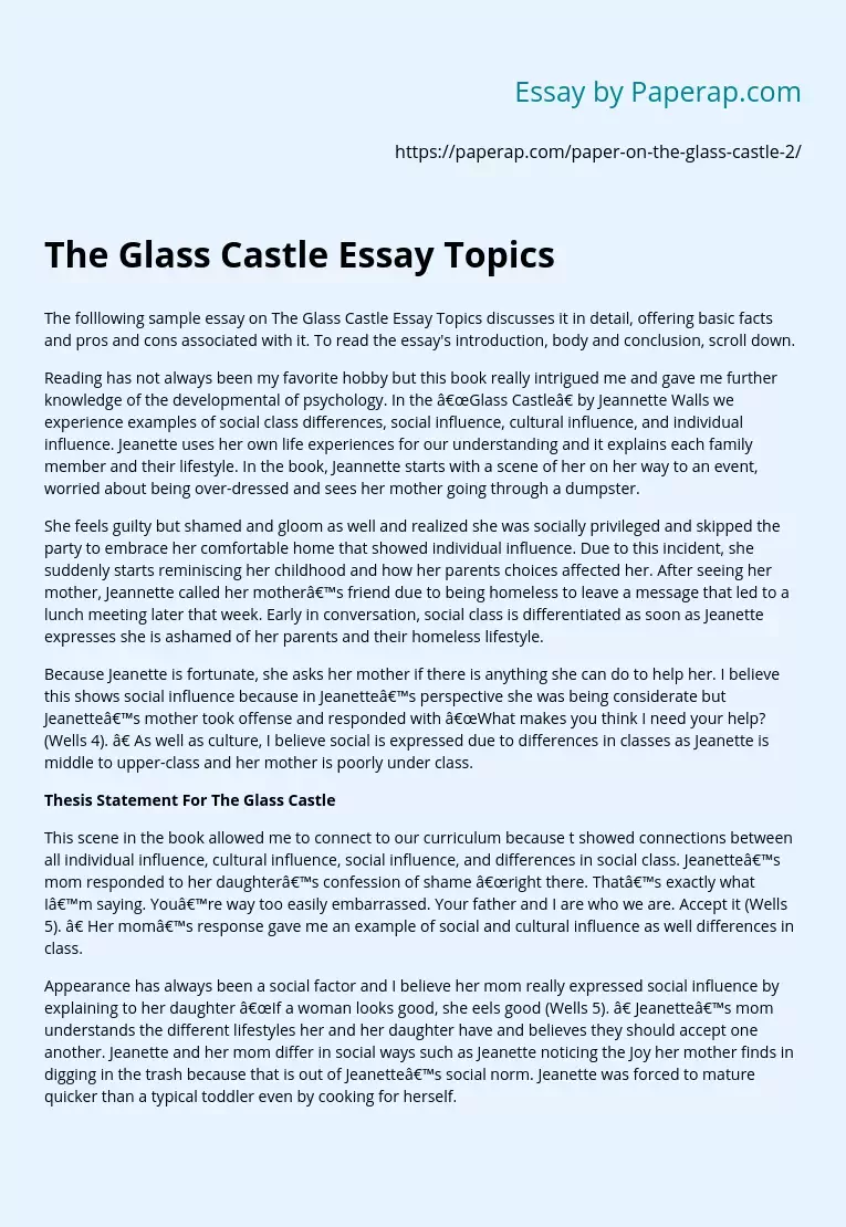 essay questions for the glass castle