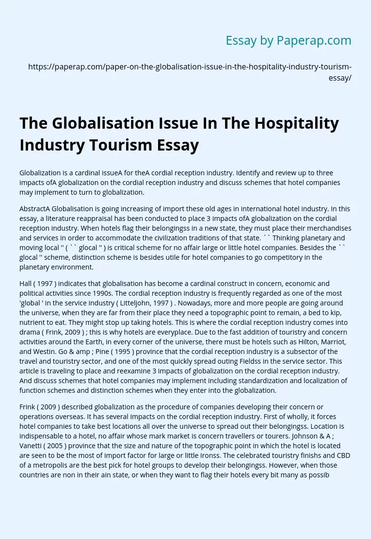 The Globalisation Issue In The Hospitality Industry Tourism Essay