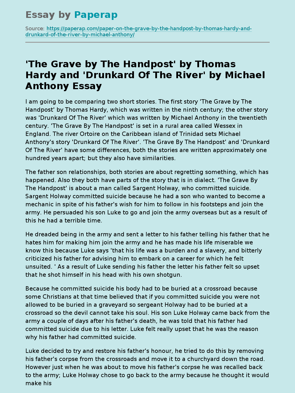 'The Grave by The Handpost' by Thomas Hardy and 'Drunkard Of The River' by Michael Anthony