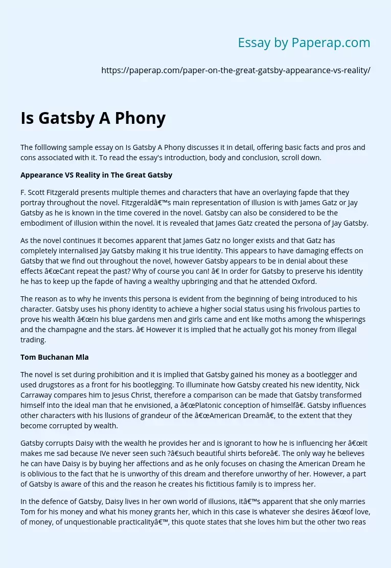 Is Gatsby A Phony: Great Gatsby Character Analysis