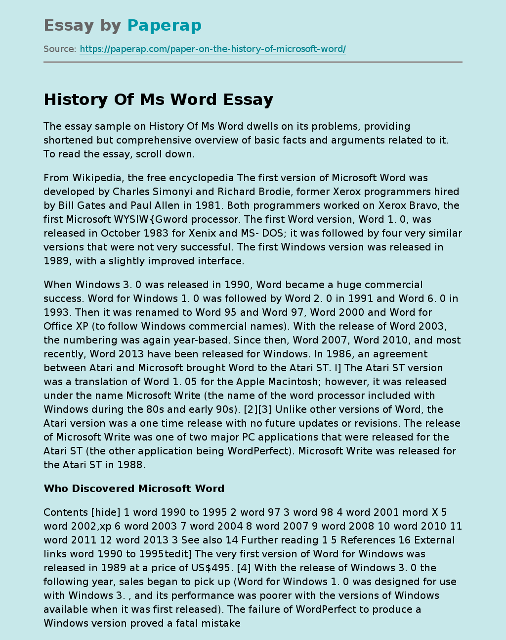 Essay Sample on History of MS Word
